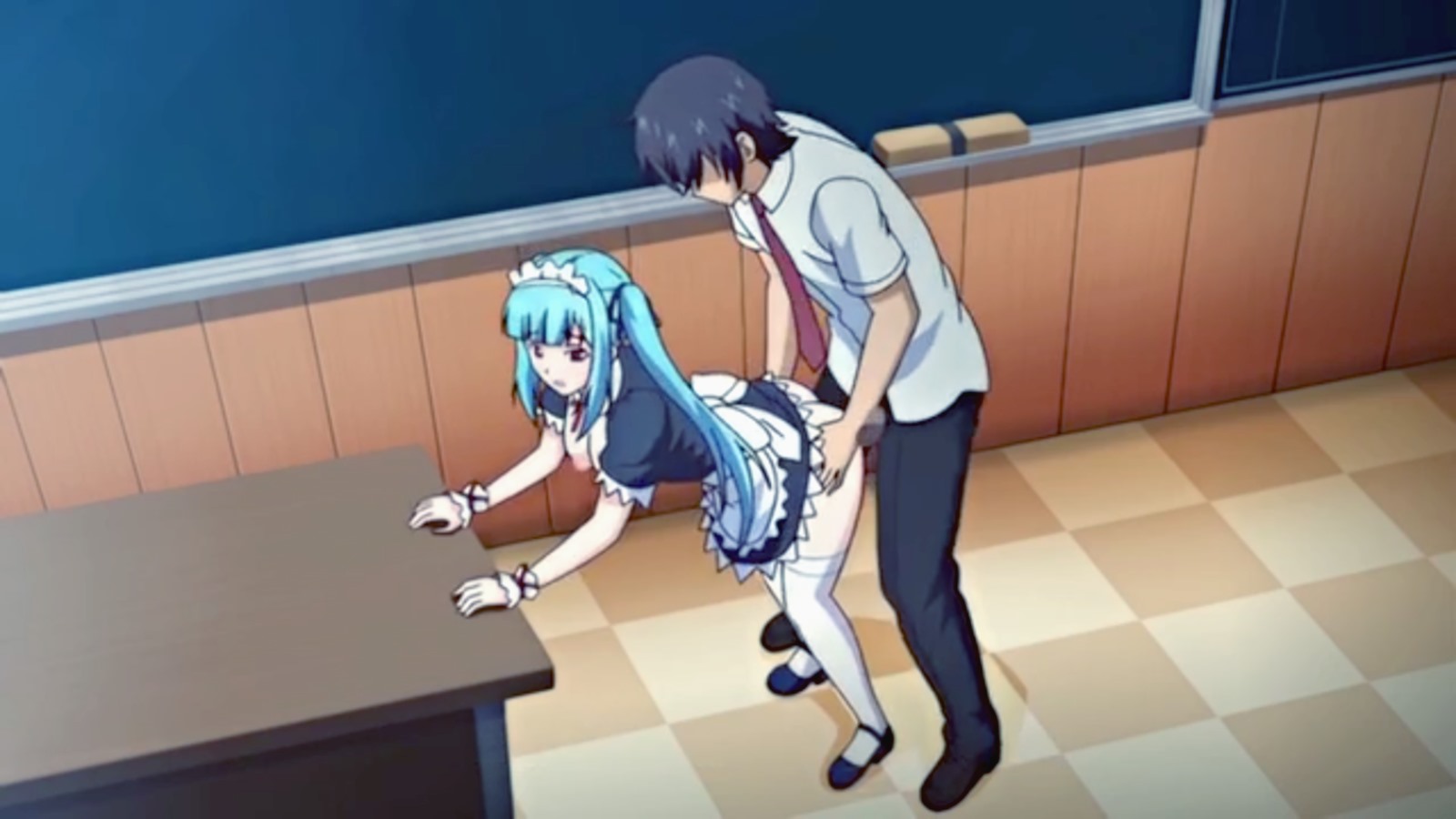 Blue haired hentai babe takes hard cock at shool